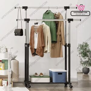 Dual-layer telescopic clothes rack holding multiple garments without wrinkles