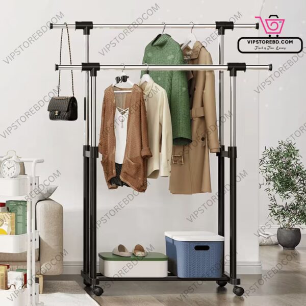 Dual-layer telescopic clothes rack holding multiple garments without wrinkles