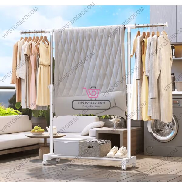 Portable clothes drying rack on a balcony drying clothes in sunlight