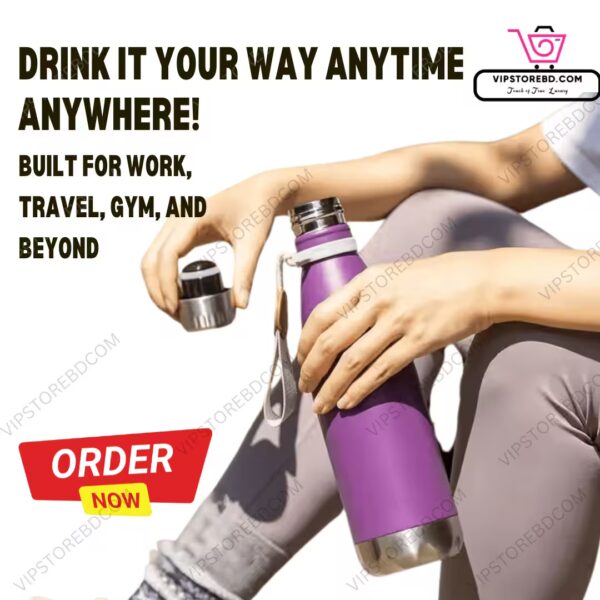 Sleek stainless steel thermal bottle being used outdoors in sunlight