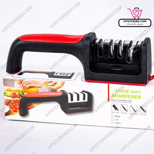 4-stage knife sharpener tool with packaging box, featuring carbide, ceramic, and fine slots.
