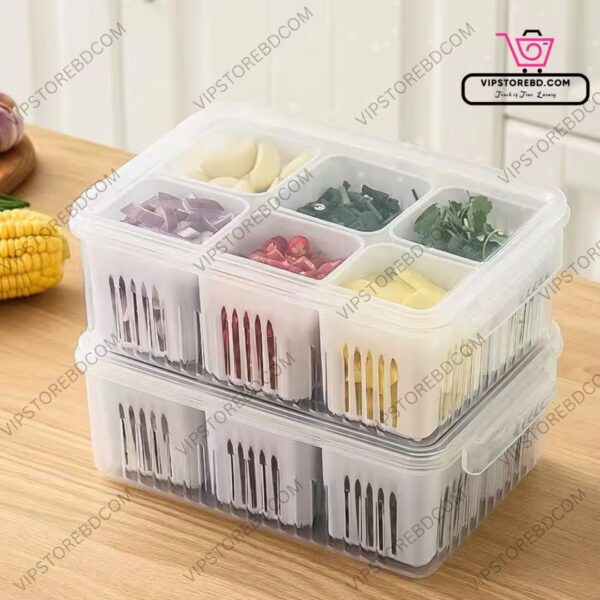 Freezer storage box with six compartments storing vegetables.