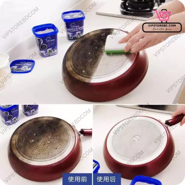 Cookware cleaner detergent showing before and after cleaning results, pot side dirty and side shiny clean.