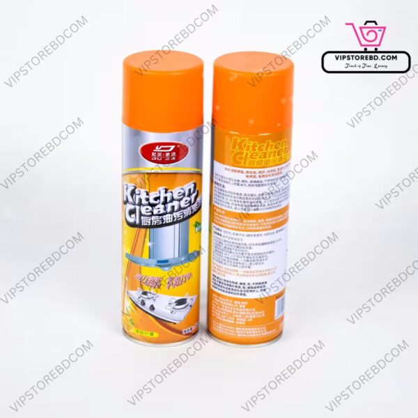 Kitchen cleaner spray removing tough grease from stovetop surfaces, fast-acting degreaser for spotless kitchen walls.