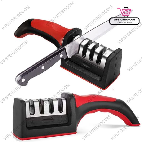 Hand using 4-stage knife sharpener to sharpen a kitchen knife, restoring blade sharpness.