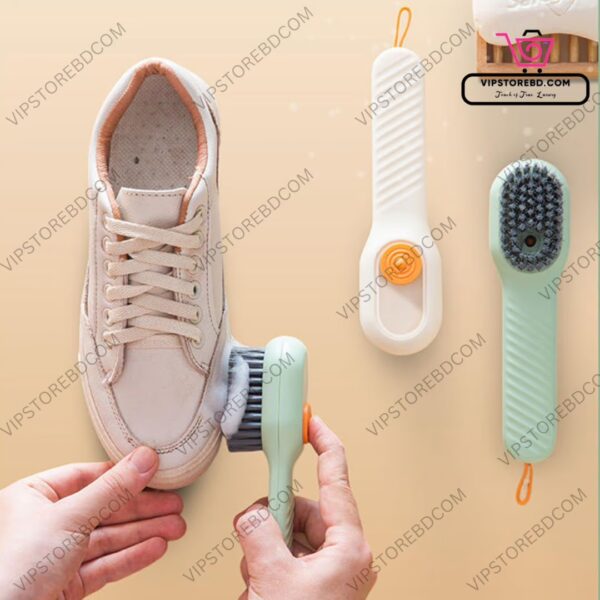 Dispenser cleaning brush scrubbing shoes with built-in soap release.