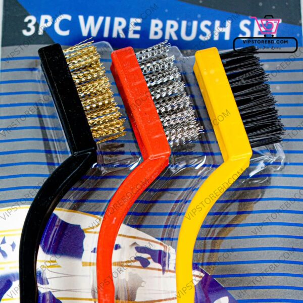 Set of 3 cleaning brushes including nylon and hard metal brushes for tough scrubbing.