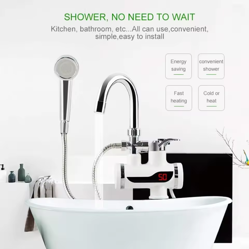 Electric Hot Water Tap with Hand Shower Attachment – 3000W Fast Heating Faucet | Wall Mounted